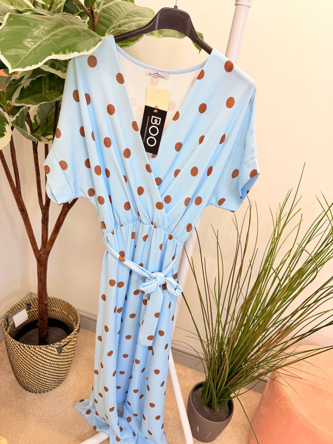 Ladies Polka Dot Wrap Midi Dress - Navy, Cream, Pink, Lemon & Pale Blue