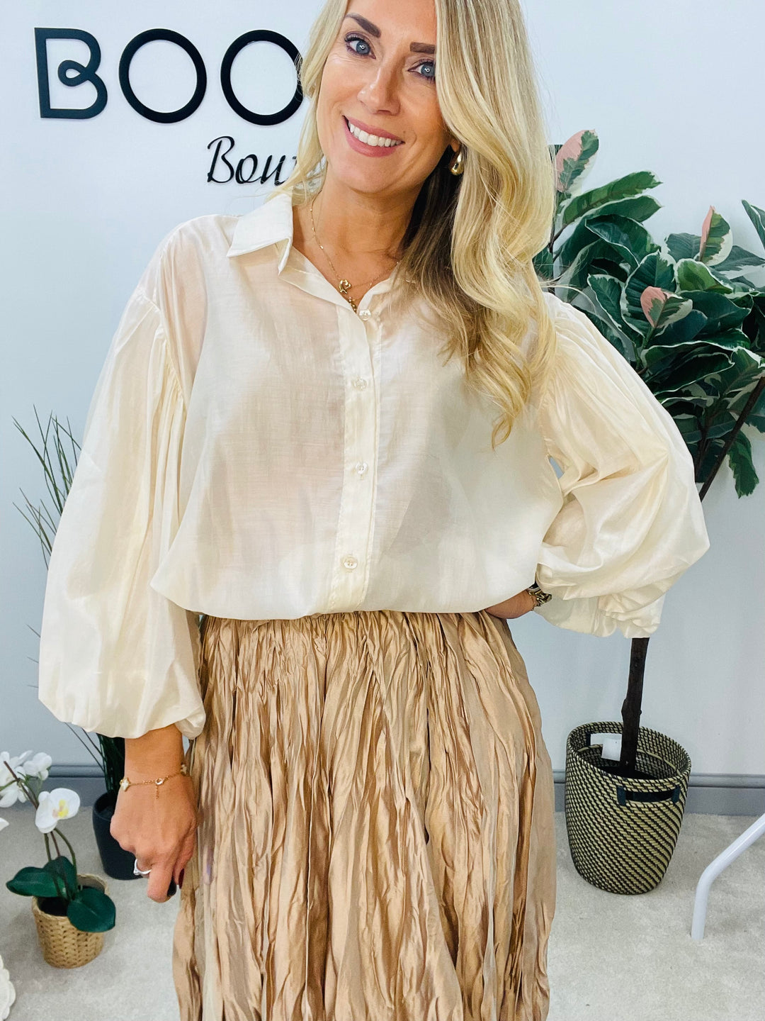 LADIES SHEER PUFF SLEEVE BLOUSE - OLIVE, BLACK, CREAM, TAUPE, WINE, BROWN