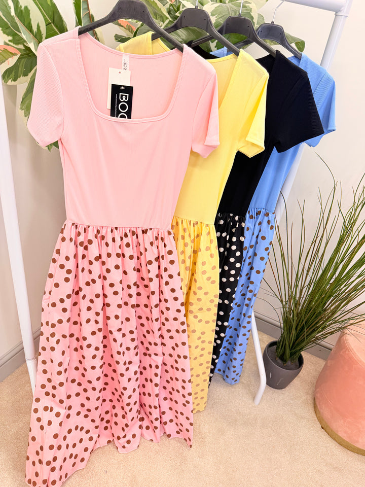 Ladies Fashion T Shirt Polka Dot Midi Dress - Blue, Pink, Black & Lemon