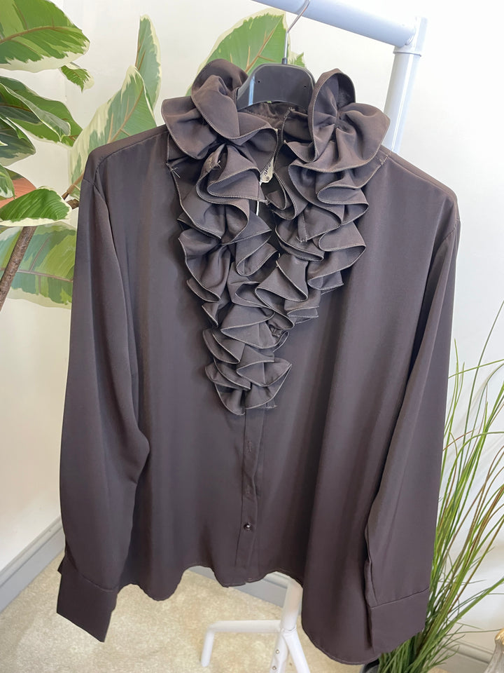LADIES RUFFLE FRILL BLOUSE SHIRT - WHITE, BLACK, BROWN & BERRY