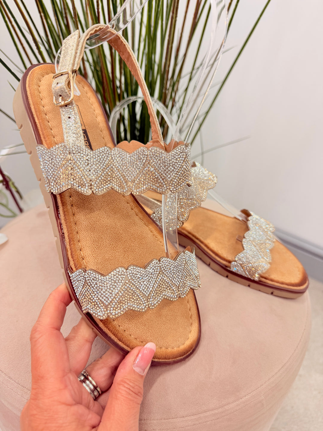 Ladies Diamante Two Strap Flatform Sandals - gold and silver