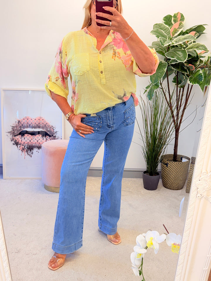 Ladies Floral Print Light Linen Grandad Shirt Top - White, Navy & Lemon