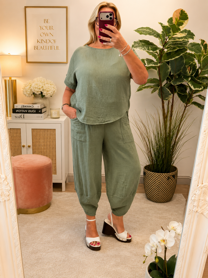 Ladies Cheesecloth Harem Trouser Co Ord - Black, Lemon, Coral, Pink, Blue, Khaki, Beige & Brown