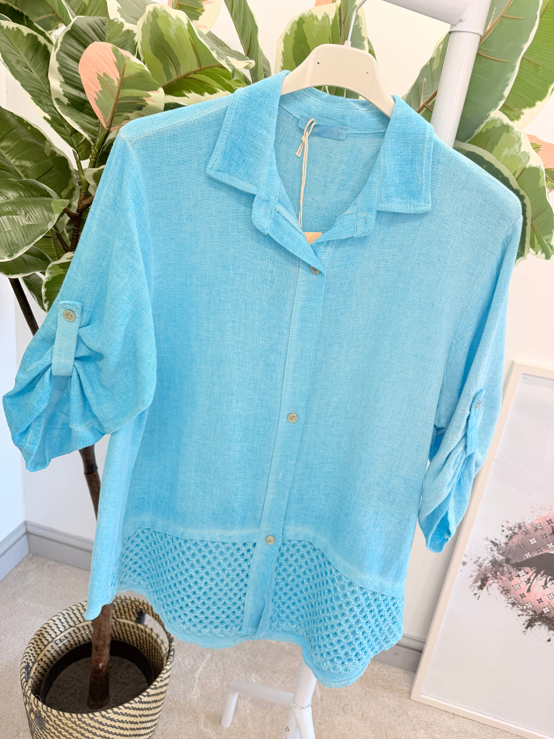 Ladies Teabag Linen Crochet Shirt Top turquoise