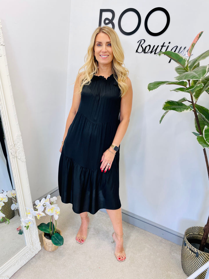 LADIES SATIN TIERED SUMMER MIDI DRESS = BURGUNDY, BLACK,, LEMON, PINK, KHAKI, CORAL