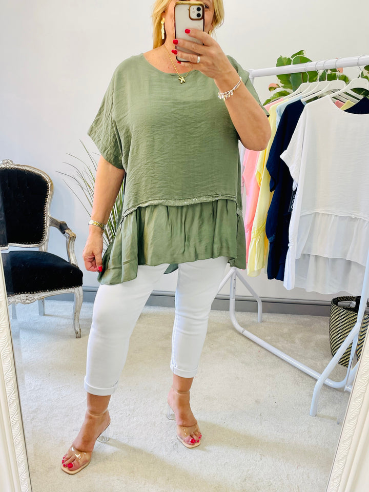 LADIES LOOSE FIT SILK EDGE LOOSE FIT SUMMER TOP - NAVY, PINK, LEMON, KHAKI, WHITE, BLUE