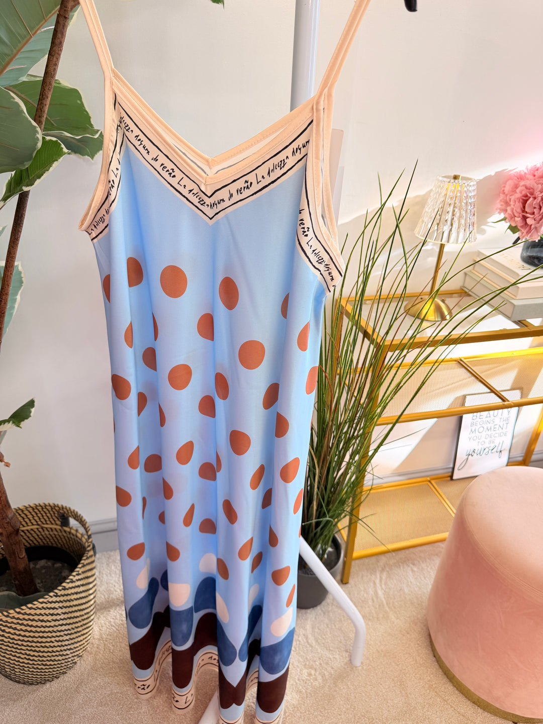 Ladies Polka Dot Satin Summer Cami Maxi Dress - Cream, Blue & Pink