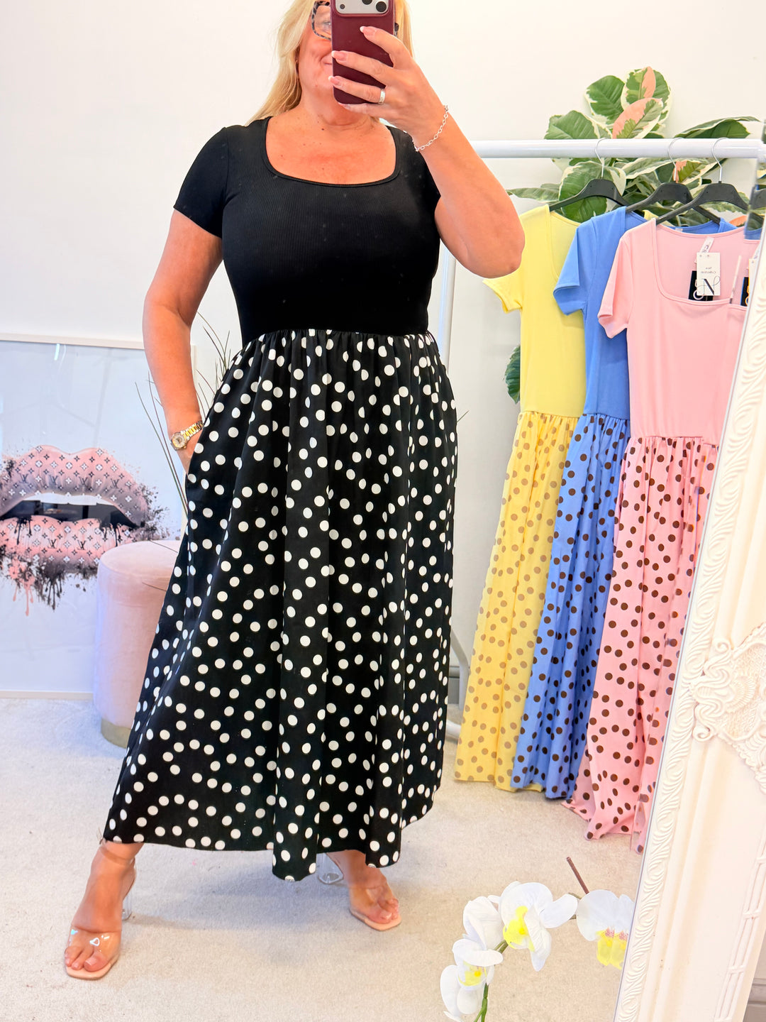 Ladies Fashion T Shirt Polka Dot Midi Dress - Blue, Pink, Black & Lemon