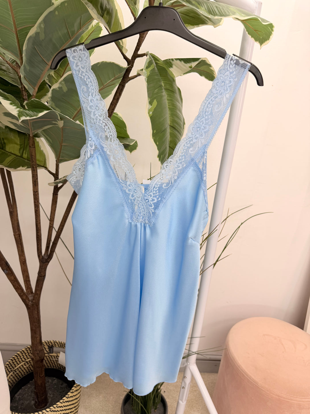 Ladies Fashion Satin Lace Edge Cami Top - Lemon, White, Black, Blue & Brown