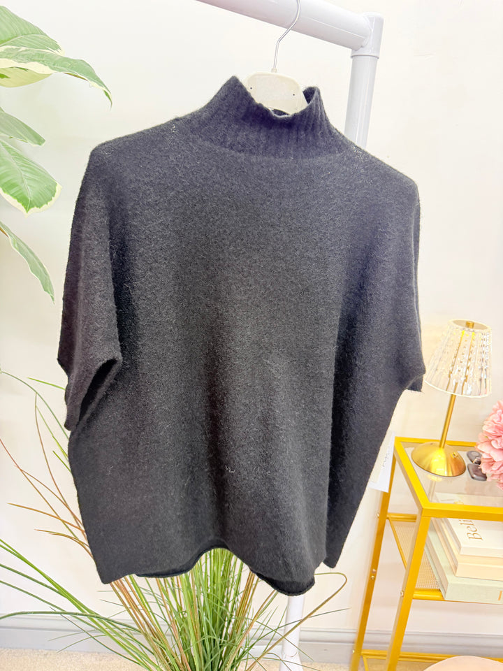 Ladies Fashion High Neck Soft Knit Short Sleeve Jumper black