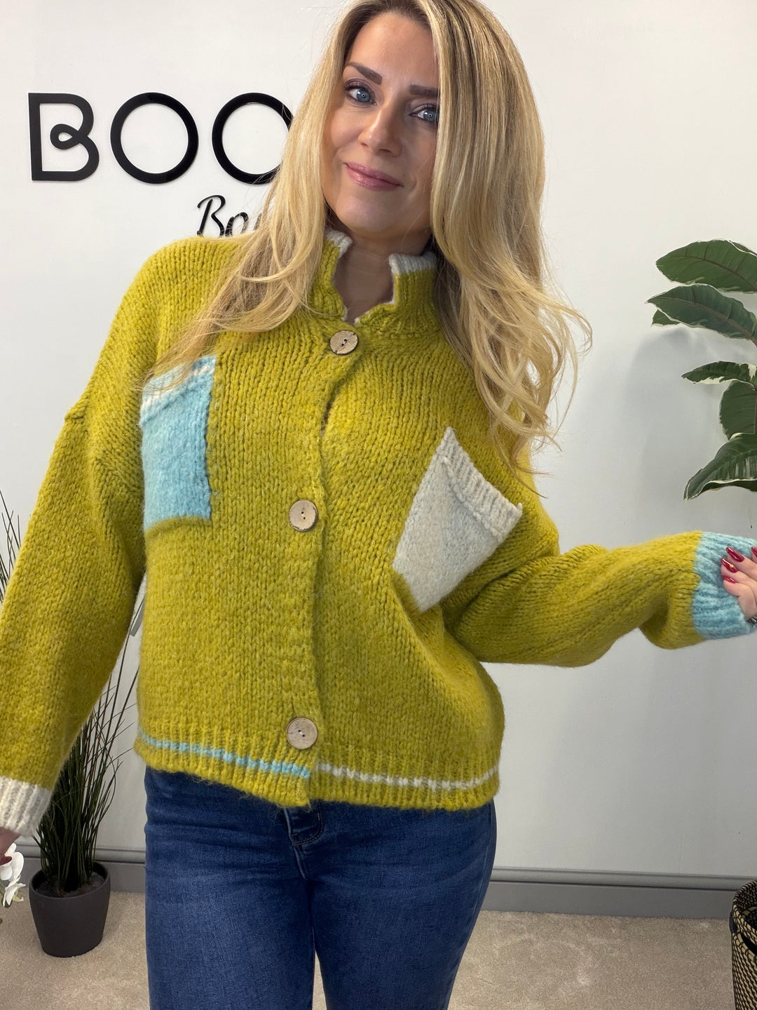 LADIES FUNKY CHUNKY KNIT TWO TONE CARDIGAN - MINT, BEIGE, ORANGE & LIME