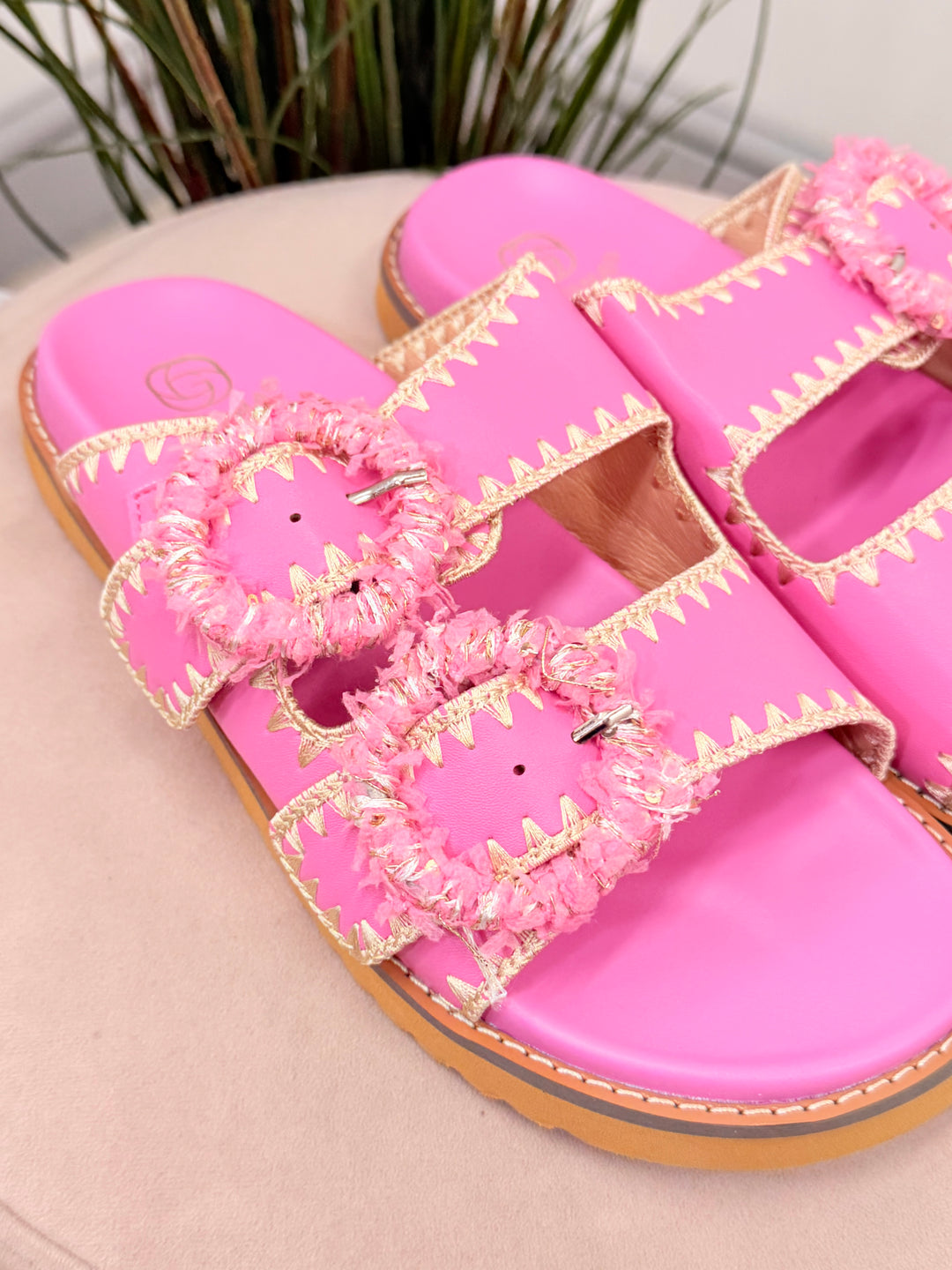 Ladies Fashion Buckle Comfy Moulded Footbed Slider Sandals fuschia pink