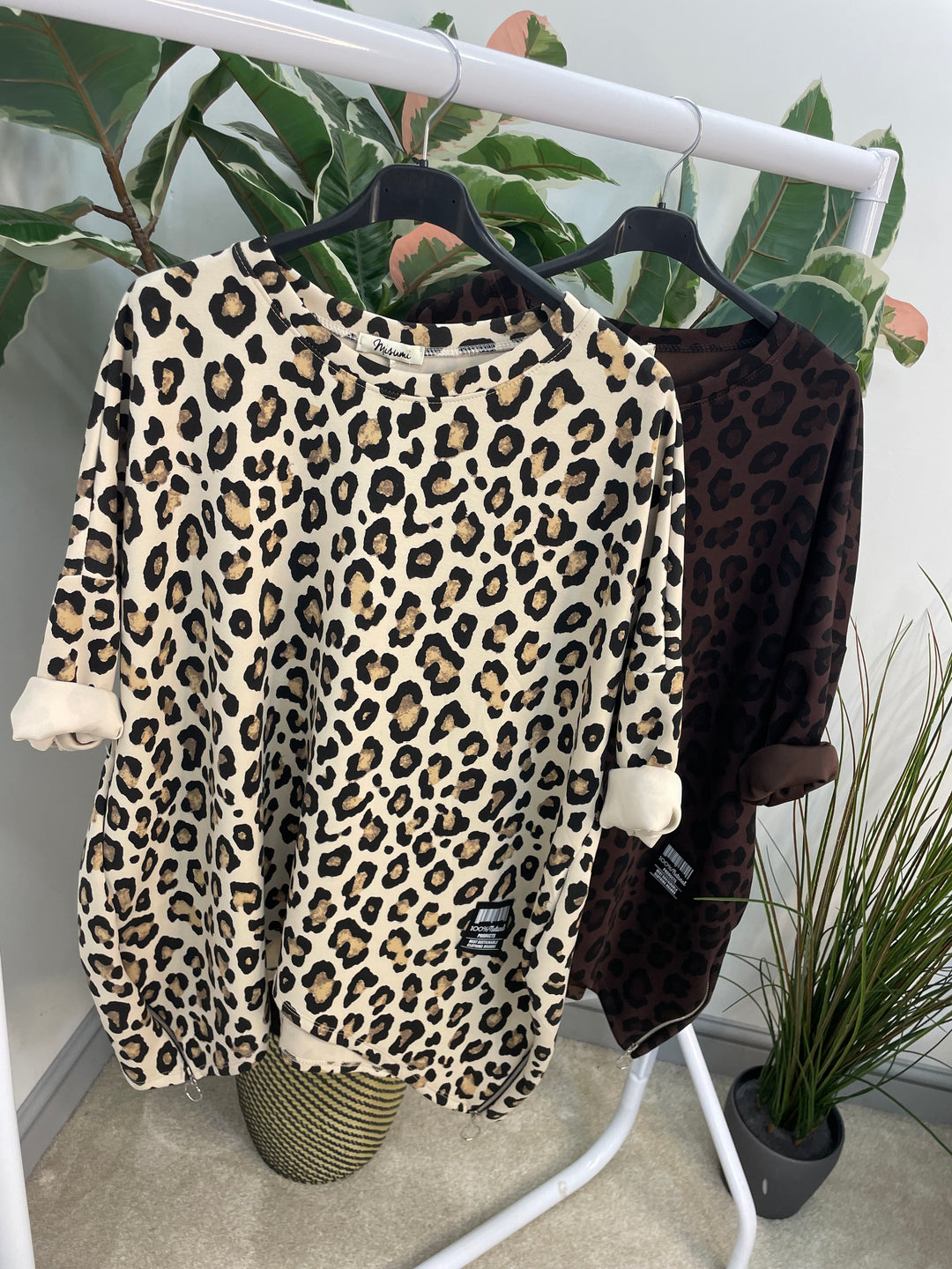 LADIES SCUBA ANIMAL PRINT SWEATSHIRT TOP - BROWN & BEIGE