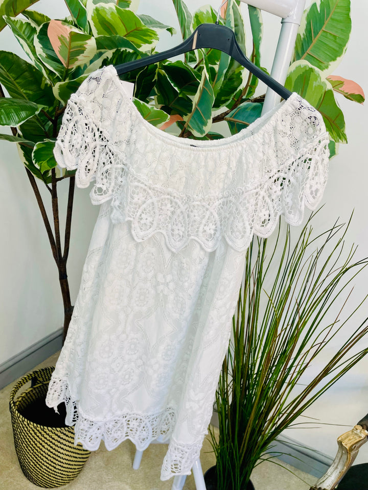 LADIES LACY SUMMER BARDOT DRESS - WHITE, BLUE & MOCHA