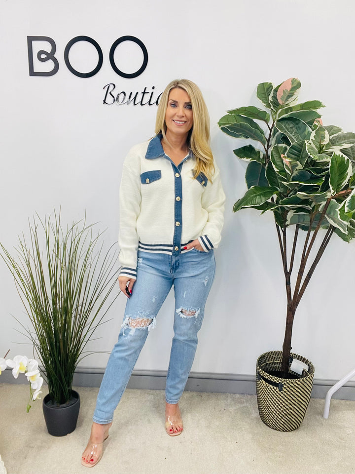 LADIES WHITE KNITTED DENIM EDGE CARDIGAN