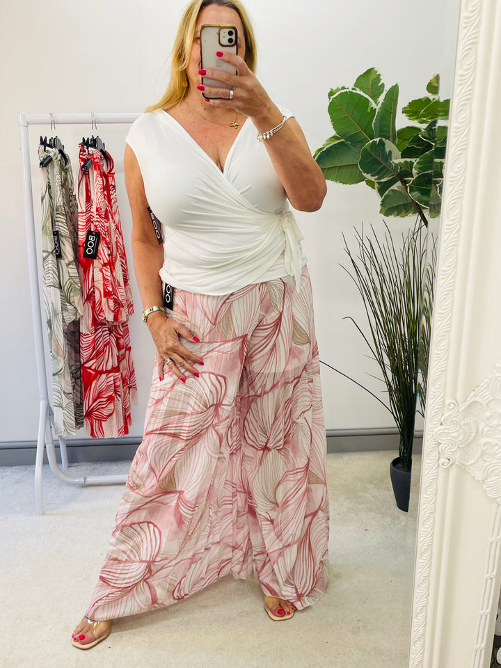 LADIES WOMENS PLEATED CHIFFON WIDE LEG TROUSER - RED, KHAKI, PINK