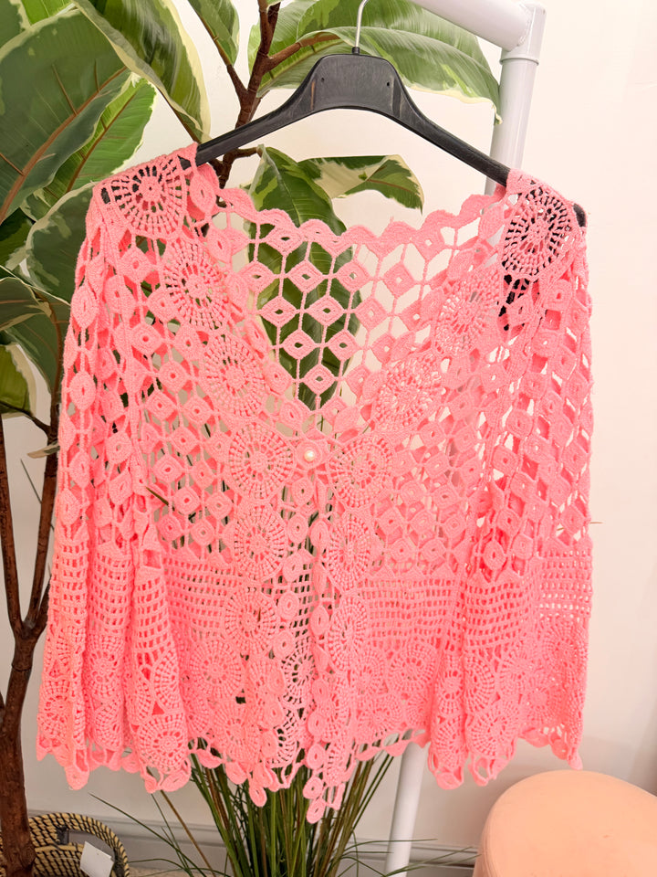Ladies Fashion Crochet Bolero Cardigan - White, Peach, Blue, Pink, Lemon