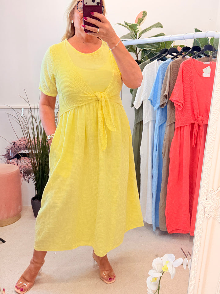 Ladies Cheesecloth Summer Midi Dress - Lemon, Khaki, Coral, White, Lemon, Blue