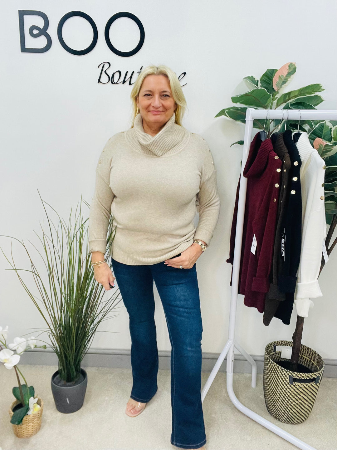 LADIES SOFT KNIT ROLL NECK JUMPER - WHITE, BLACK, BURGUNDY, BROWN & BEIGE