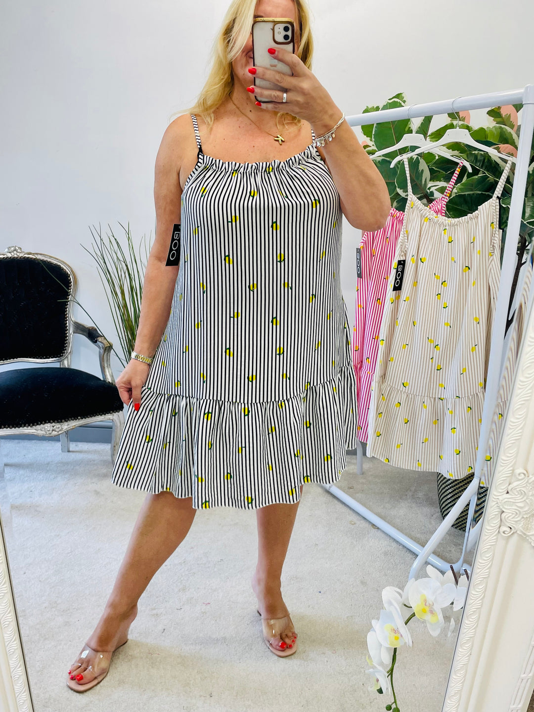 LADIES STRIPE LEMON PRINT SUMMER SUN DRESS - BLACK, BEIGE, PINK
