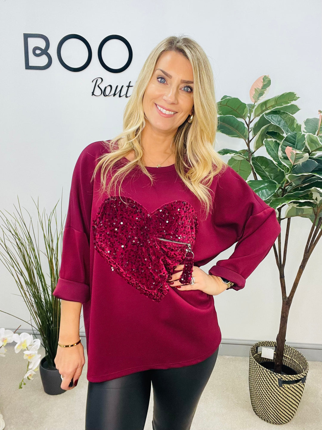 LADIES SCUBA SEQUIN HEART SWEATSHIRT TOP - BURGUNDY, BLACK, BROWN, BEIGE