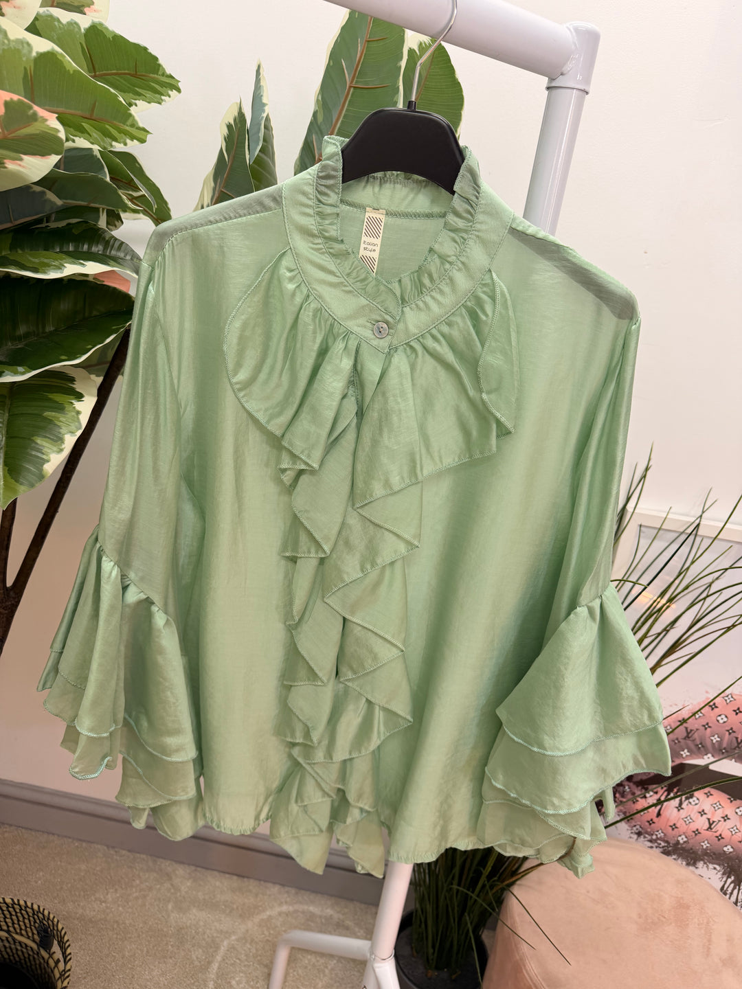 Ladies Fashion Sheer Ruffle Front Blouse Top - white, pink, blue, sage, lemon