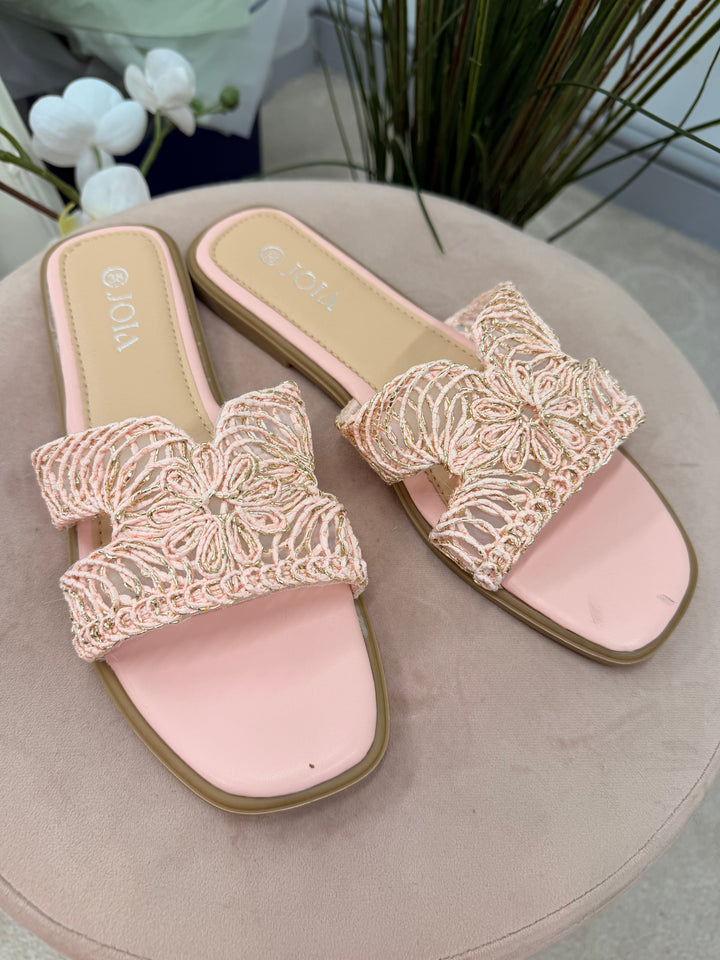 WOVEN SLIDER SANDALS ( 256 ) - white and pink