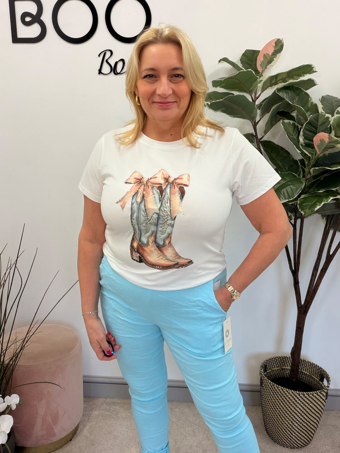 Ladies Fashion Stretch White T Shirt with cowboy boot logo