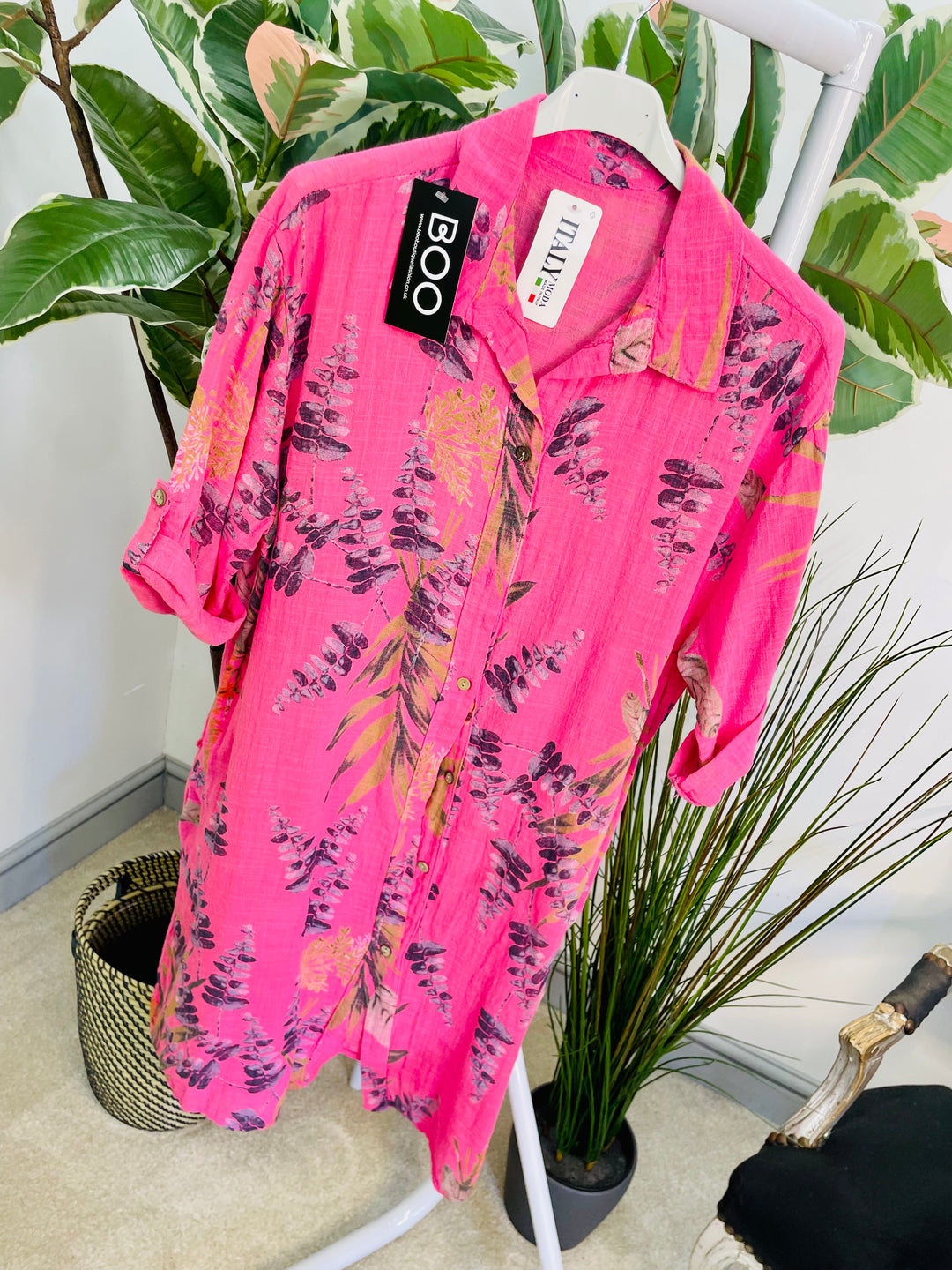 LADIES LINEN SUMMER SHIRT BUTTON UP HOLIDAY DRESS - PINK & GREEN