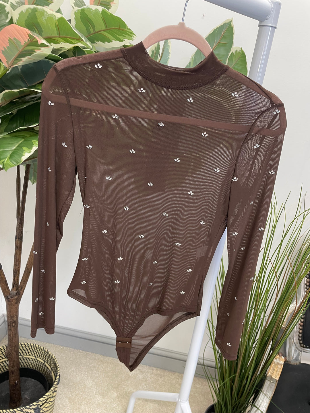 LADIES SHEER DIAMANTE BODYSUIT - BLACK, WINE, BROWN