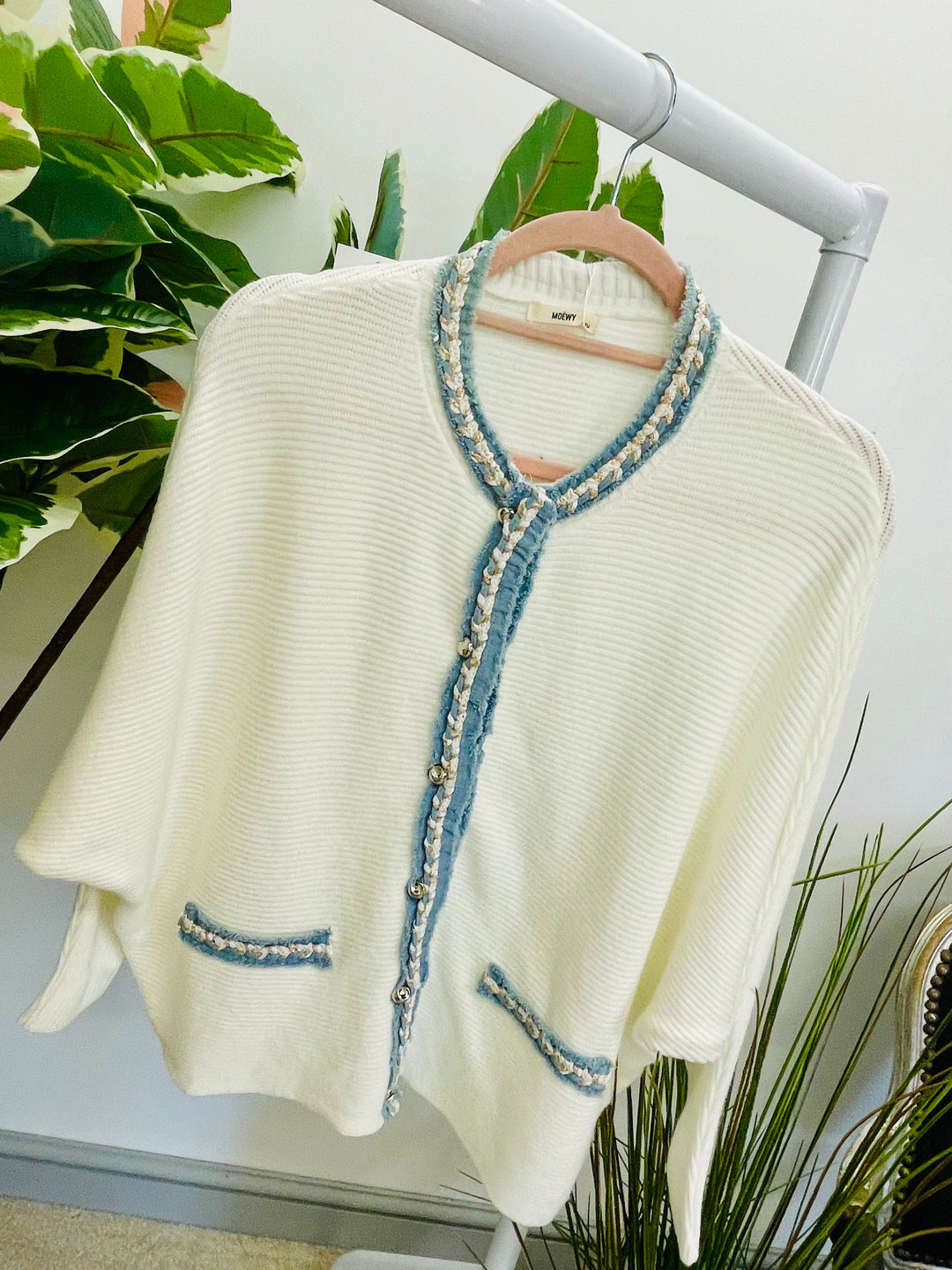 LADIES RIB KNIT BATWING DENIM DETAIL CARDIGAN - WHITE & BEIGE