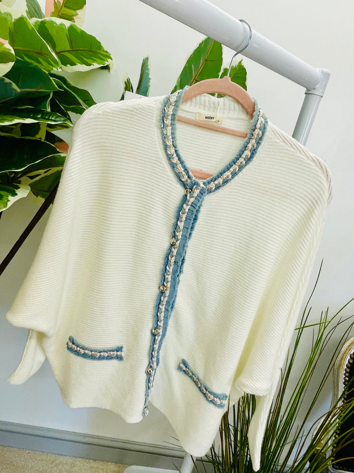 LADIES RIB KNIT BATWING DENIM DETAIL CARDIGAN - WHITE & BEIGE