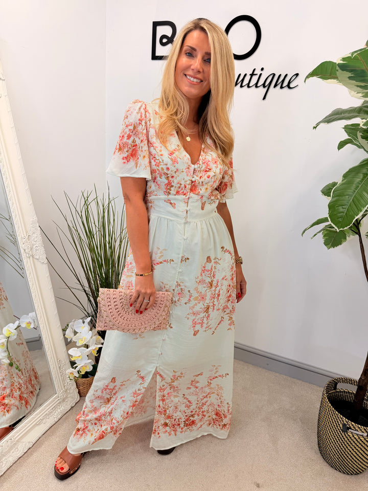 Ladies Cream & Pink Summer Event Maxi Dress