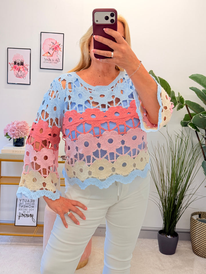 Ladies Rainbow Crochet Summer Stripe Top - Pink, Blue
