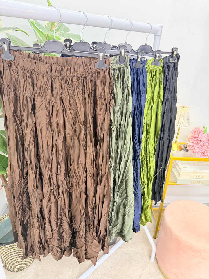 Ladies Fashion Satin Crinkle Maxi Skirt - Black, Navy, Brown, Khaki & Lime