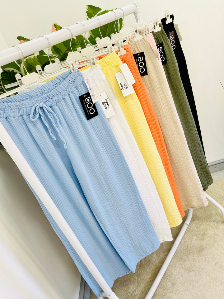 LADIES SUMMER CHEESECLOTH WIDE LEG PALAZZO TROUSERS