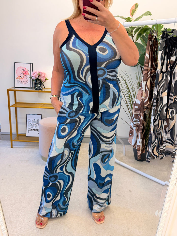 Ladies Retro Print Wide Leg Trouser Co Ord - Brown, Blue & Black