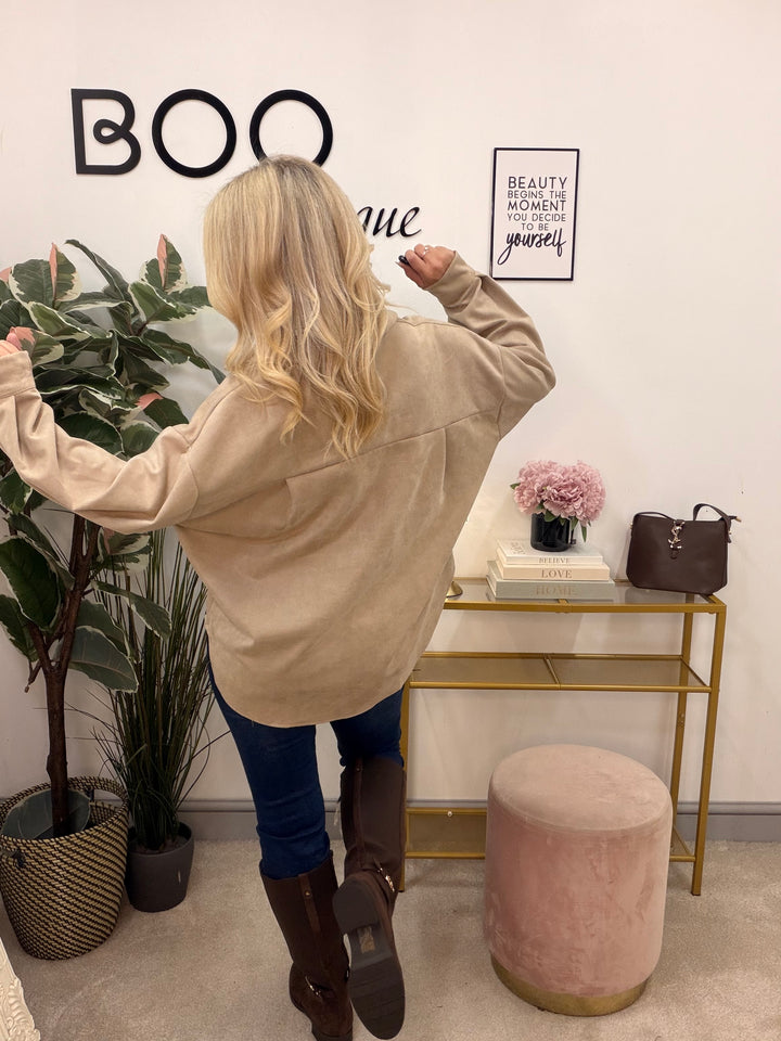 Ladies Fashion Faux Suede Shacket Jacket - Beige & Mocha
