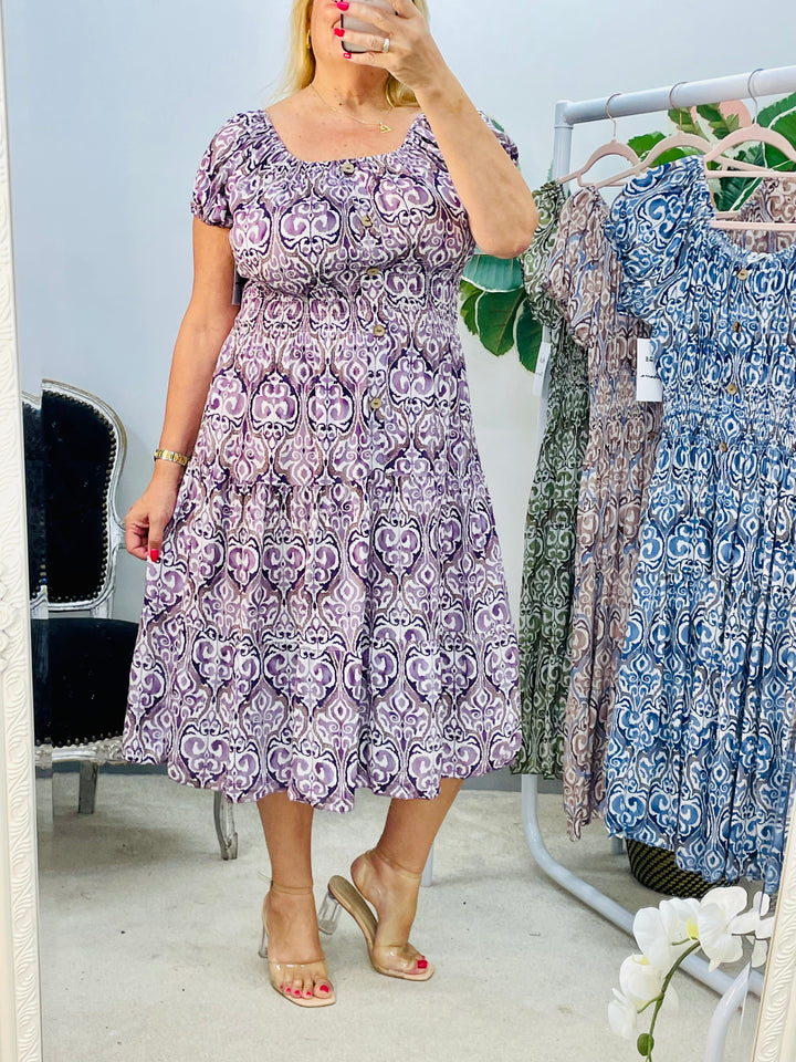 LADIES SUMMER MIDI DAY DRESS - LILAC, BEIGE, BLUE & KHAKI
