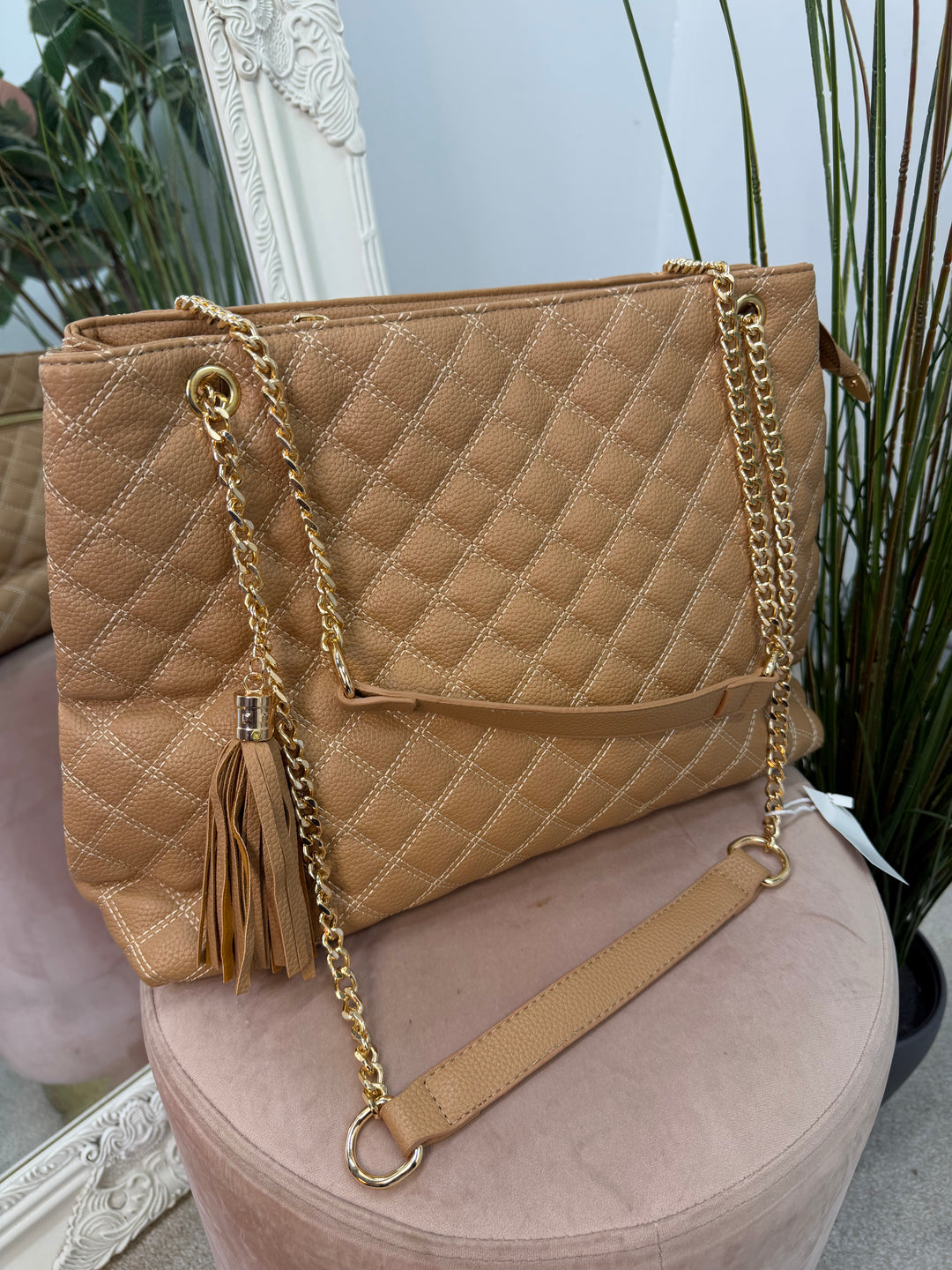 Ladies Fashion Inspired Quilted Chain Strap Tote Bag - black, beige & brown