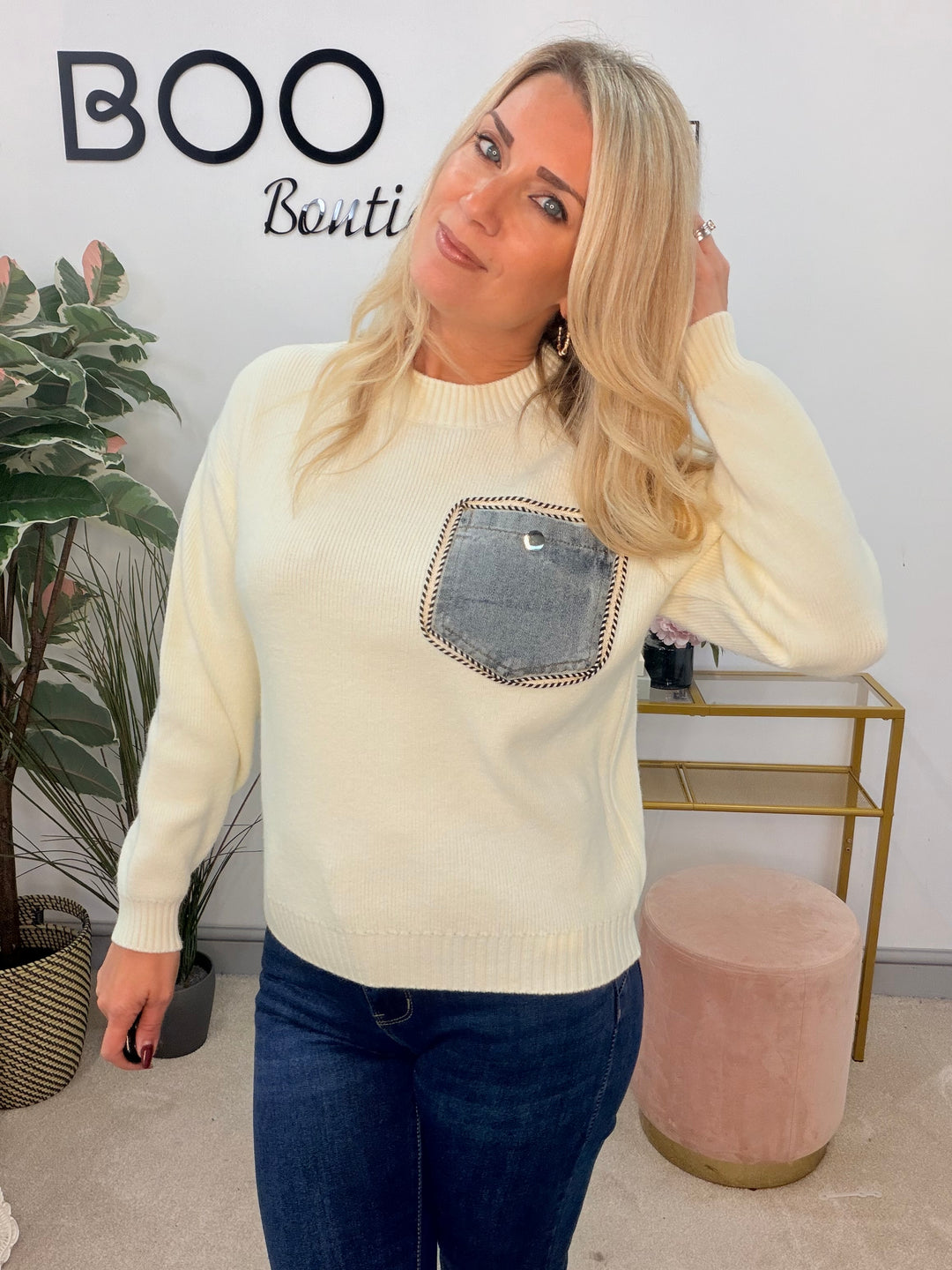 Womens Cream Knit Denim Pocket Jumper