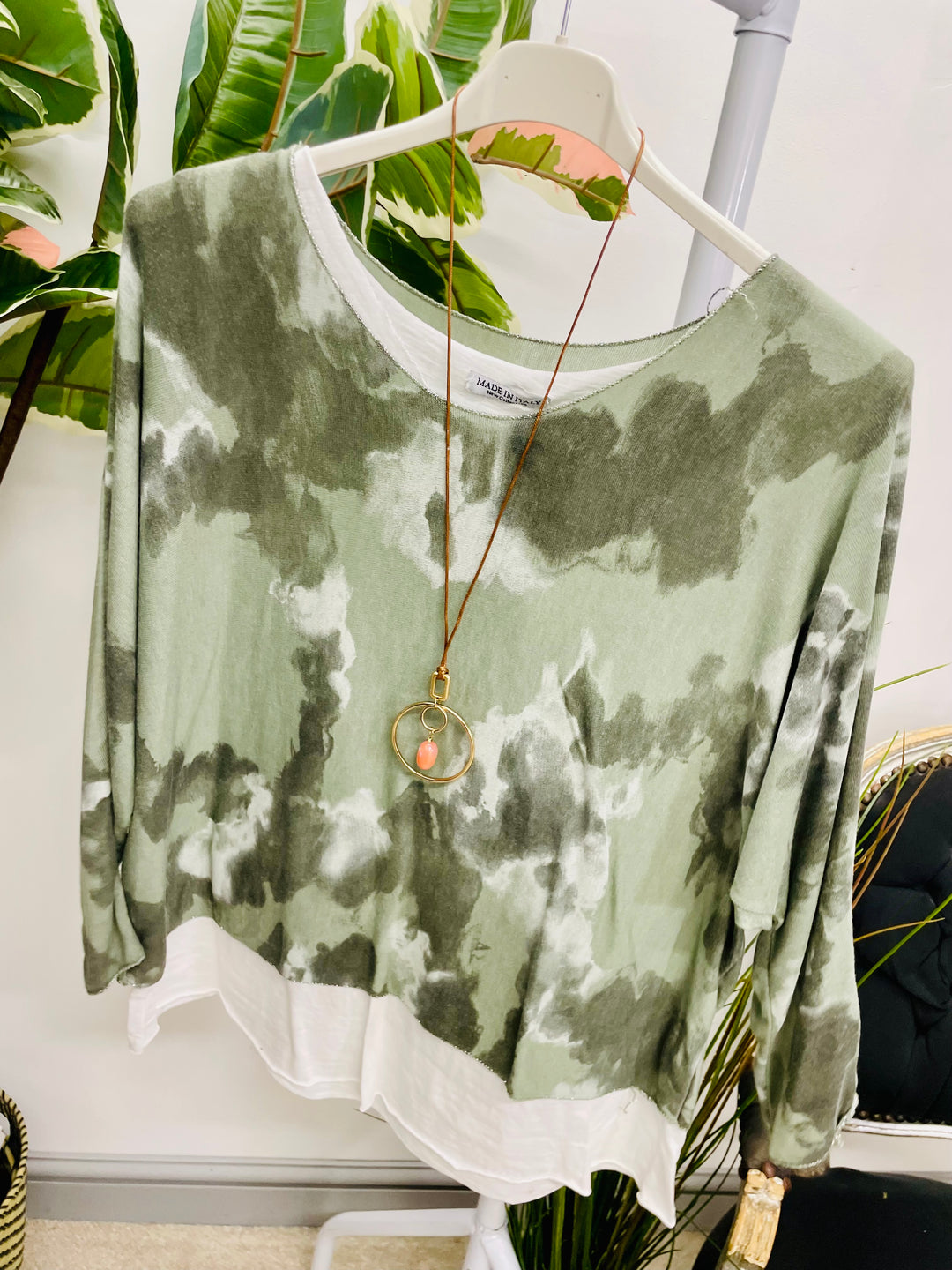 LADIES TIE DYE DOUBLE LAYER TOP - NAVY, BURGUNDY & KHAKI