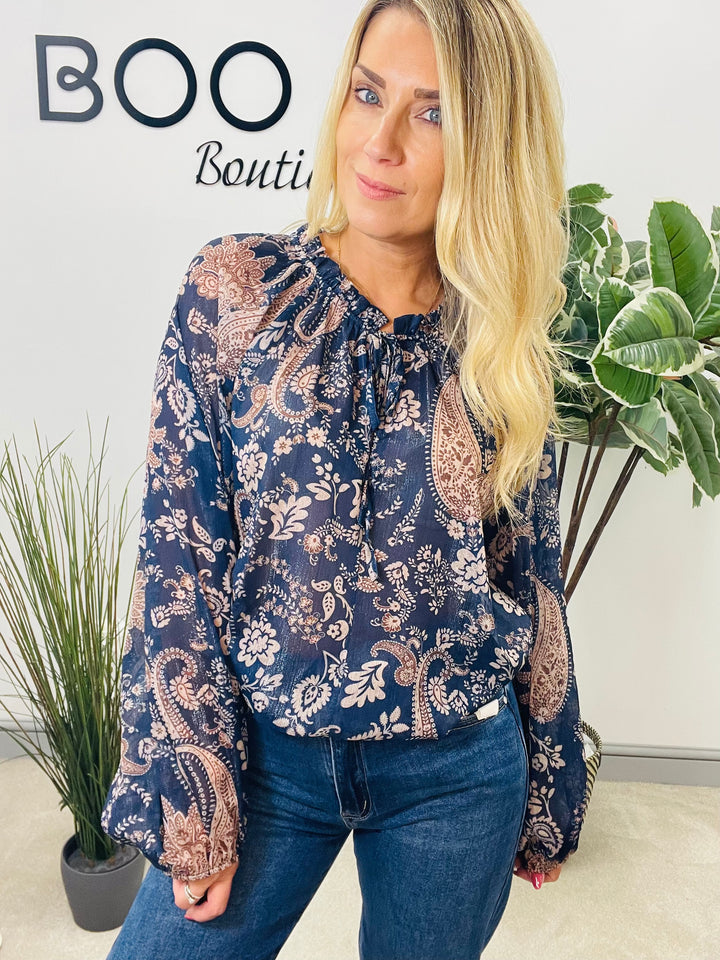 Ladies navy chiffon paisley print top 