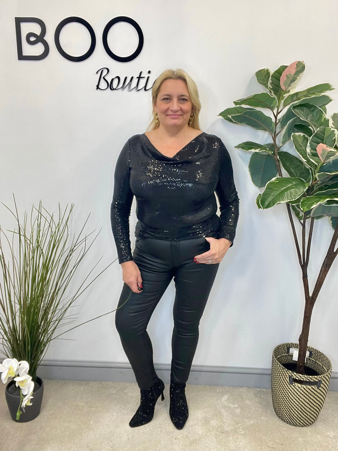 LADIES SEQUIN COWL NECK TOP - BLACK, CHAMPAGNE, GREEN & RED