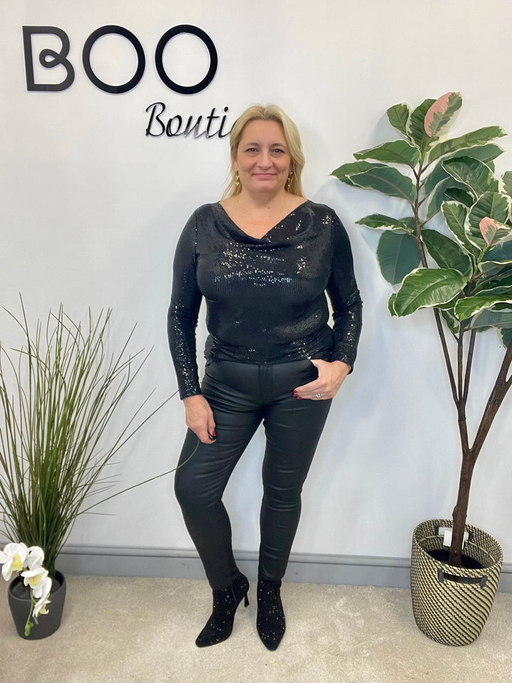 LADIES SEQUIN COWL NECK TOP - BLACK, CHAMPAGNE, GREEN & RED