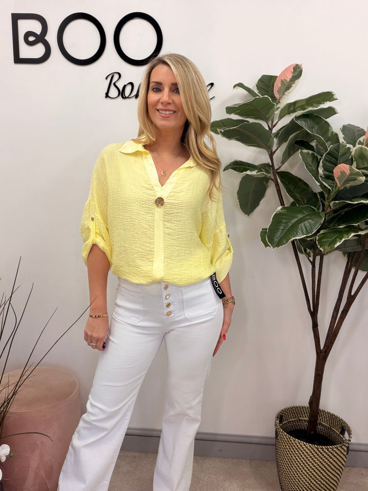 Ladies Fashion Grandad Style Top Blouse - Pink, Lemon, White & Blue