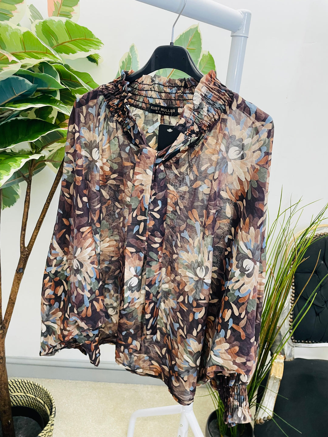 LADIES LEAF PRINT HIGH NECK BLOUSE - BEIGE, BROWN, TEAL