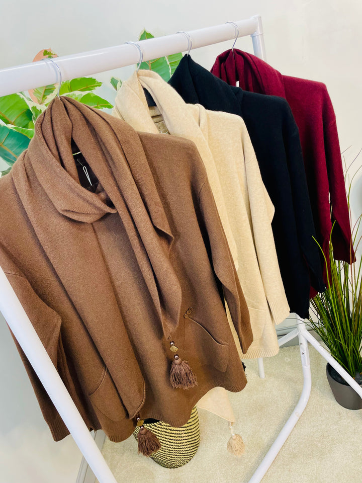 LADIES SOFT KNIT JUMPER & SCARF SET - BURGUNDY, BEIGE, BROWN & BLACK