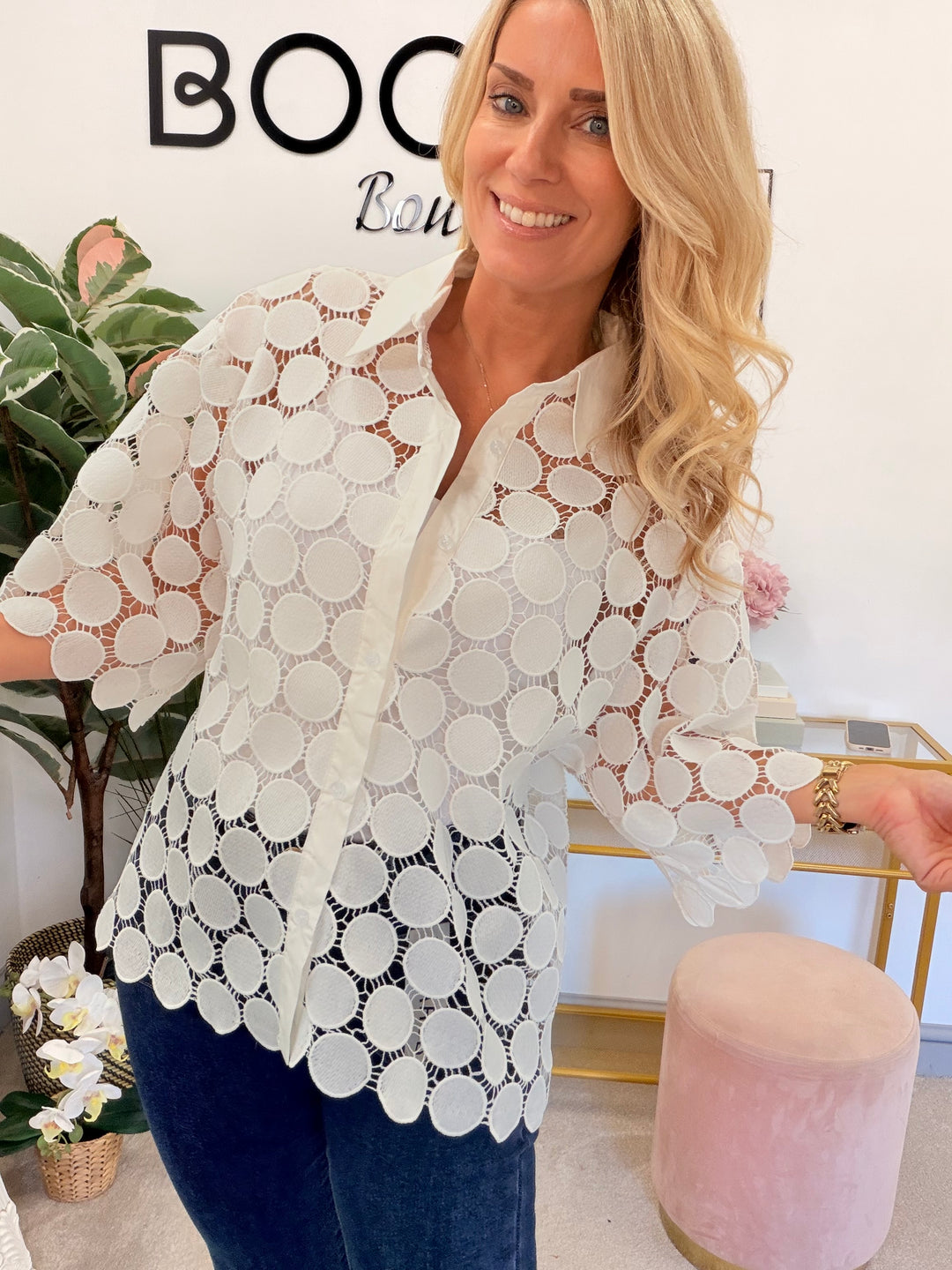 Ladies White Disc Crochet Shirt Top