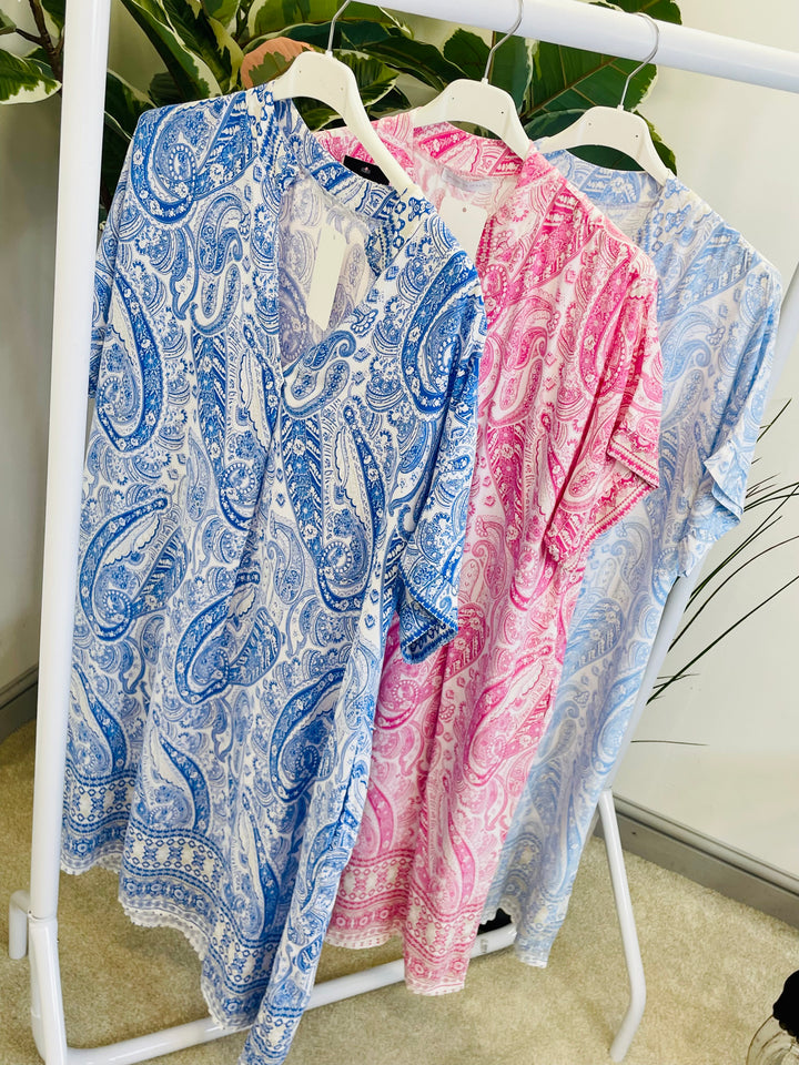 LADIES SUMMER PAISLEY PRINT SHIFT DRESS - PINK, PALE BLUE, ROYAL BLUE